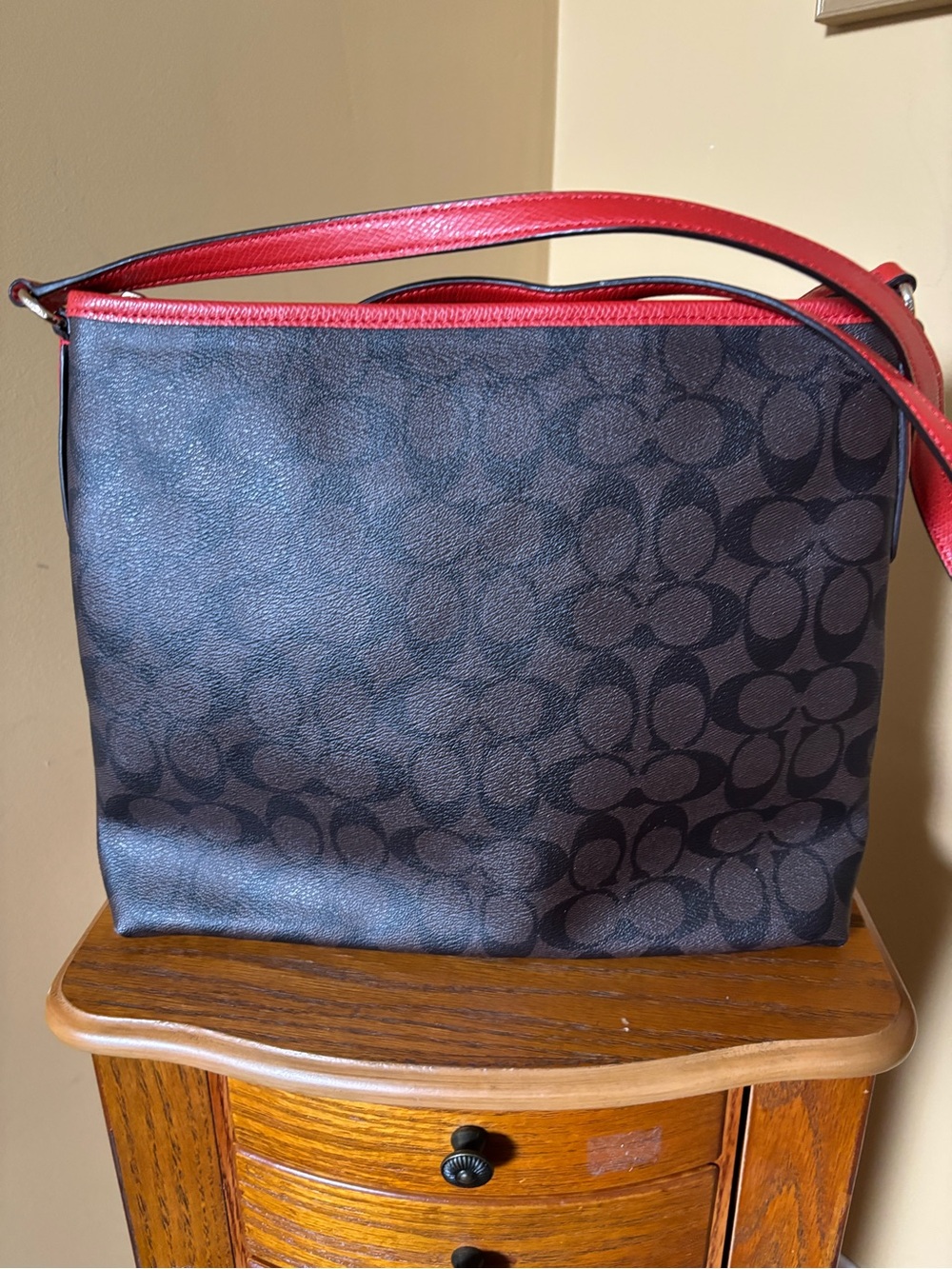 Coach Dark Brown Signature Canvas Shoulder Bag with Dark Orange Trim - Picture 5 of 16